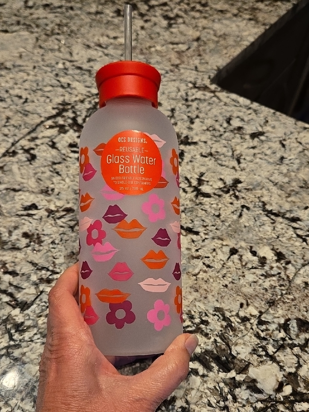 OCS Designs Red Floral & Lips Glass Water Bottle with Straw